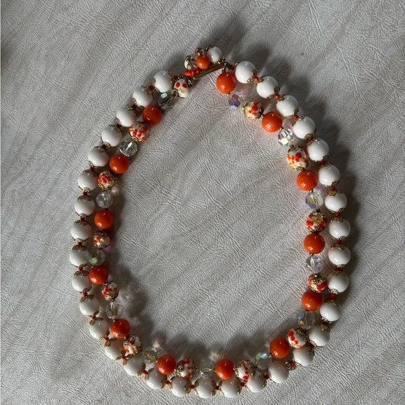 Vintage Wedding Cake Double Strand Glass Beads Orange Necklace - Picture 4 of 6